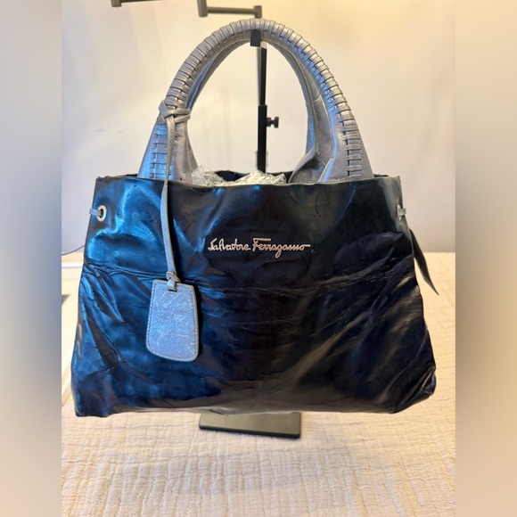 Salvatore Ferragamo Handbags - Salvatore Ferragamo Black Patent Fixer Bag (Heavy damage)